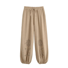 Load image into Gallery viewer, Sun Moon Embroidery ,Linen Cotton Baggy Pants ,Loose Yoga Trousers
