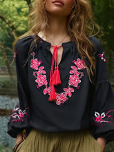 Load image into Gallery viewer, Wild Floral Embroidery ,Linen Cotton Shirts, Lace-up Tassel Boho Blusas
