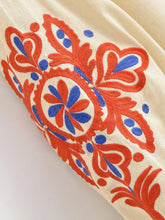 Load image into Gallery viewer, Vintage Floral Embroidered Cotton Linen Blouse - Boho Tassel Tie Neck Puff Sleeve Top
