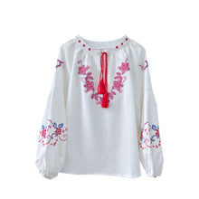 Load image into Gallery viewer, Wild Floral Embroidery ,Linen Cotton Shirts, Lace-up Tassel Boho Blusas
