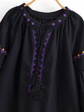 Load image into Gallery viewer, Geometry Embroidered ,Linen Cotton ,Lace-up Tassel Boho Shirt

