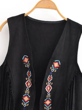 Load image into Gallery viewer, Women’s Faux Suede Fringe Vest - Bohemian Floral Embroidery Cowgirl Jacket with Rivets
