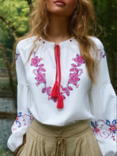 Load image into Gallery viewer, Wild Floral Embroidery ,Linen Cotton Shirts, Lace-up Tassel Boho Blusas
