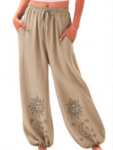 Load image into Gallery viewer, Sun Moon Embroidery ,Linen Cotton Baggy Pants ,Loose Yoga Trousers
