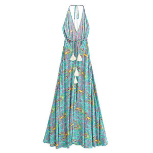 Wild Floral ,Backless Sexy Maxi Dress , High-Low Tassel Strapless Boho Dress