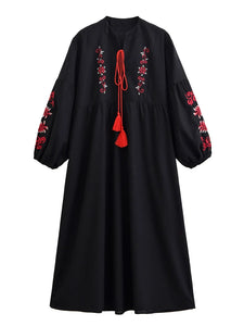 Retro Floral Emberoidery, Linen Cotton Vacation, Boho Maxi Dress