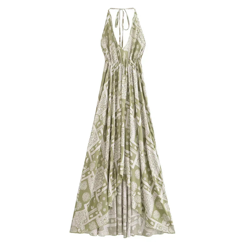 Floral Print ,Backless Sexy Beach Bohemian Dress,, High-Low Boho Dress