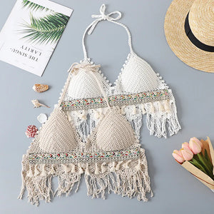 Hollow Out Sleeveless ,Bohemian Crop Tops ,Floral Tassel Knitted Camis