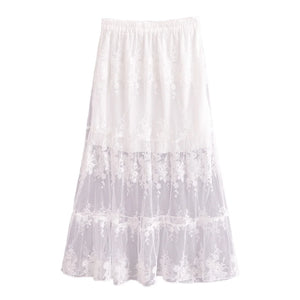 White Mesh Embroidery,Wedding Pleated Skirt, Boho Skirts