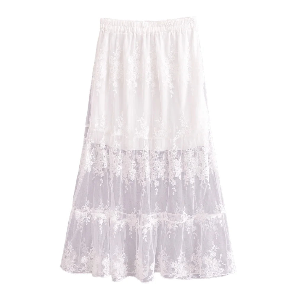 White Mesh Embroidery,Wedding Pleated Skirt, Boho Skirts