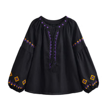 Load image into Gallery viewer, Geometry Embroidered ,Linen Cotton ,Lace-up Tassel Boho Shirt
