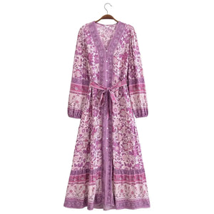 Floral Print ,Breasted Bohemian Maxi Dress, Boho Dress Robe