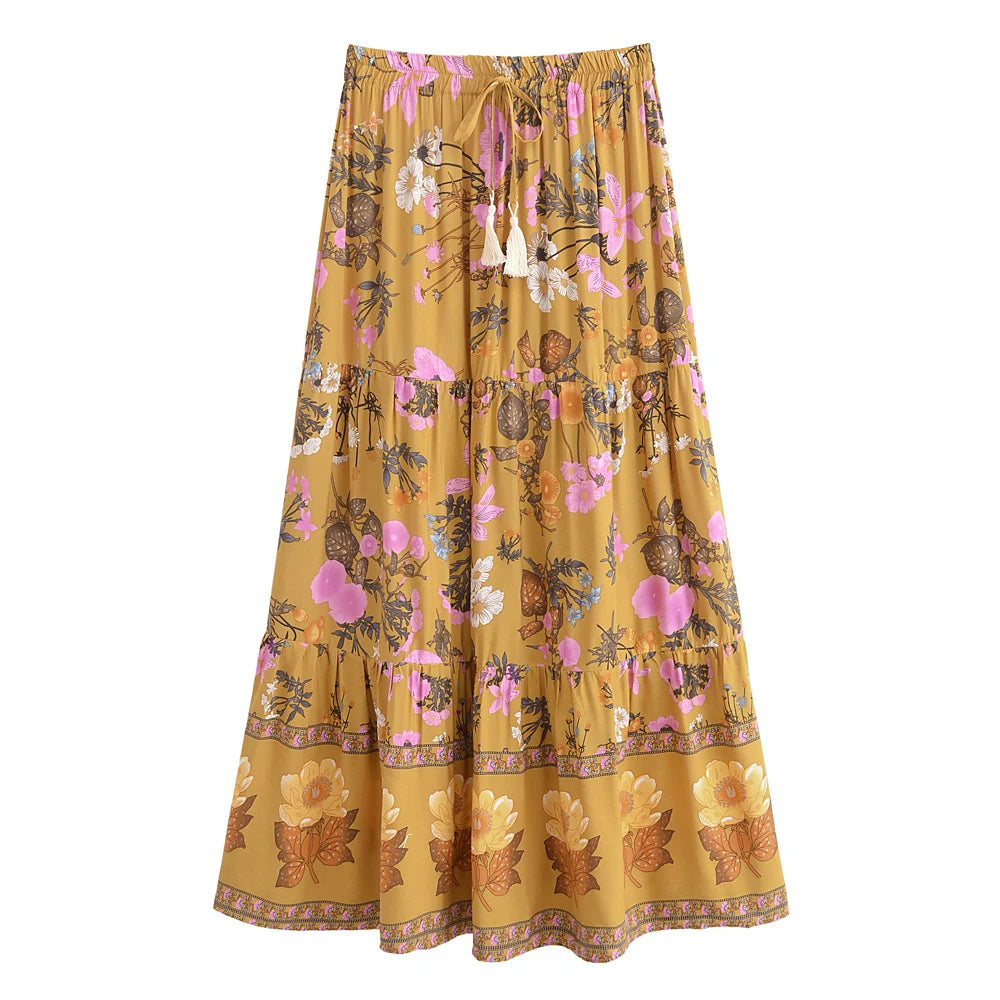 Yellow Floral Print,Bohemian Skirt,Boho Maxi Skirt