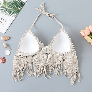 Hollow Out Sleeveless ,Bohemian Crop Tops ,Floral Tassel Knitted Camis