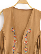 Load image into Gallery viewer, Women’s Faux Suede Fringe Vest - Bohemian Floral Embroidery Cowgirl Jacket with Rivets
