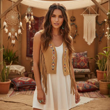 Load image into Gallery viewer, Women’s Faux Suede Fringe Vest - Bohemian Floral Embroidery Cowgirl Jacket with Rivets
