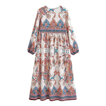 Load image into Gallery viewer, Vintage Floral Printed Women Tie Neck Lantern Sleeve Beach Holiday Maxi Dress
