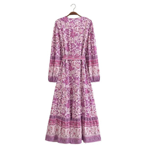 Floral Print ,Breasted Bohemian Maxi Dress, Boho Dress Robe