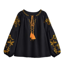 Load image into Gallery viewer, Bird Floral Embroidered ,Linen Cotton Blouse ,Lace-up Tassel Boho Shirt
