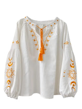 Load image into Gallery viewer, Star Moon Embroidery, Linen Cotton Blouse,Lace-up Tassel Boho Shirts
