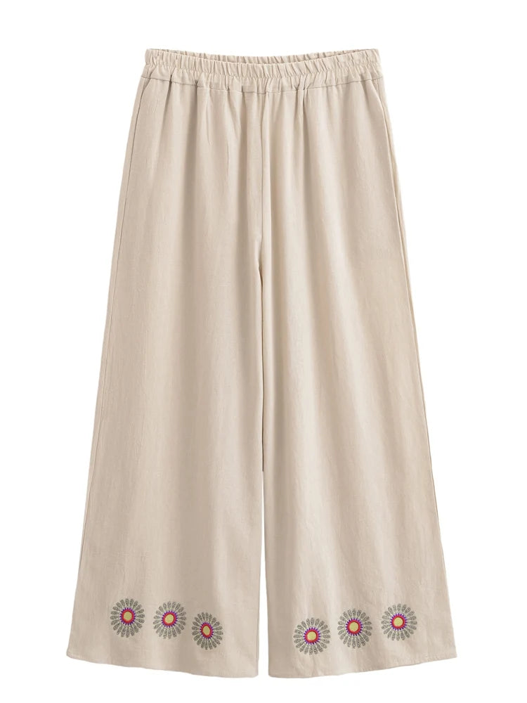 Wild Floral Embroidery ,Bohemian Wide Leg Pants,Boho Trousers