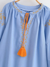 Load image into Gallery viewer, Bird Floral Embroidered ,Linen Cotton Blouse ,Lace-up Tassel Boho Shirt
