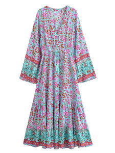 Wild Floral , Deep V-neck ,Autumn Boho Maxi Dress