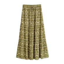 Load image into Gallery viewer, Olive Geometric Tiered Boho Maxi Skirt - Elastic Long Skirt
