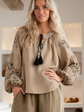 Load image into Gallery viewer, Bird Floral Embroidered ,Linen Cotton Blouse ,Lace-up Tassel Boho Shirt
