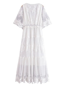 White Lace Embroidery,Bohemian Maxi Dress,Wedding Dress