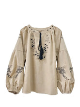 Load image into Gallery viewer, Wild Floral Embroidery ,Linen Cotton Shirts, Lace-up Tassel Boho Blusas

