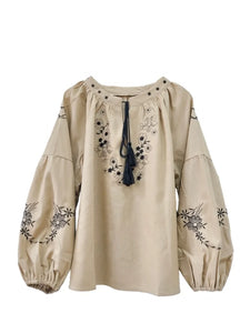 Retro Floral Embroidered ,Linen Cotton Blouse ,Lace-up Tassel Boho Shirts