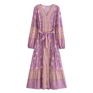 Floral Print ,Breasted Bohemian Maxi Dress, Boho Dress Robe