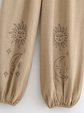 Load image into Gallery viewer, Sun Moon Embroidery ,Linen Cotton Baggy Pants ,Loose Yoga Trousers
