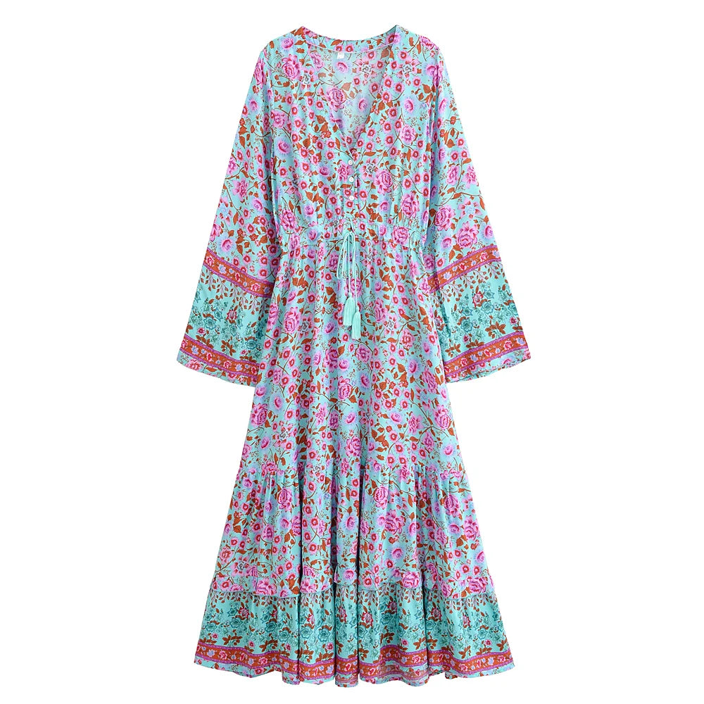 Wild Floral , Deep V-neck ,Autumn Boho Maxi Dress