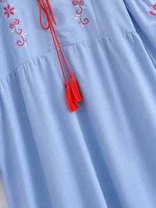 Retro Floral Emberoidery, Linen Cotton Vacation, Boho Maxi Dress