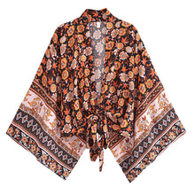 Load image into Gallery viewer, Bohemian Kimono, Boho Bikini Cover-ups,Black Floral Print

