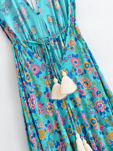 Peacock Green ,Backless Sexy Maxi Dress,High-Low Tassel Boho Dress
