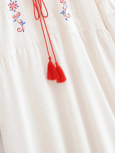 Retro Floral Emberoidery, Linen Cotton Vacation, Boho Maxi Dress