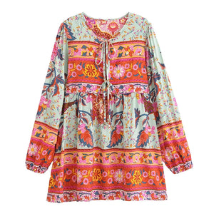 Green Floral Peacock,Bohemian Mini Dress,Boho Dress