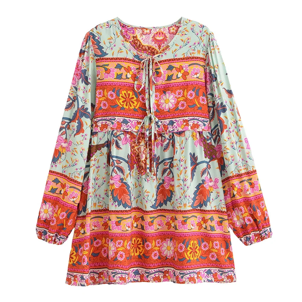 Green Floral Peacock,Bohemian Mini Dress,Boho Dress