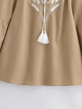 Load image into Gallery viewer, Wheat Embroidered, Linen Cotton Blouse,Lace-up Tassel Loose Boho Shirt
