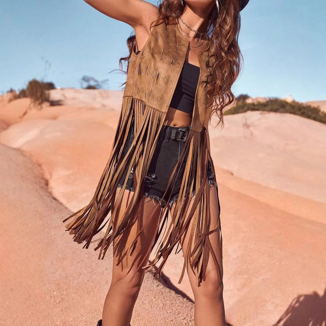 Sleeveless Tassel Vest, Fringe Jacket Cowgirl , Faux Suede Rivets Waistcoat