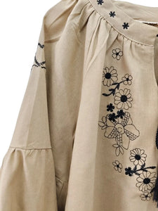 Retro Floral Embroidered ,Linen Cotton Blouse ,Lace-up Tassel Boho Shirts