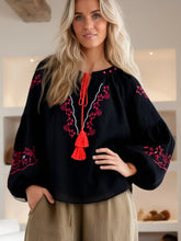 Load image into Gallery viewer, Retro Floral Embroidered, Linen Cotton Blouse ,Lace-up Boho Shirt
