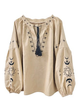 Load image into Gallery viewer, Star Moon Embroidery, Linen Cotton Blouse,Lace-up Tassel Boho Shirts
