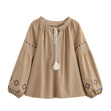 Load image into Gallery viewer, Geometry Embroidered ,Linen Cotton ,Lace-up Tassel Boho Shirt
