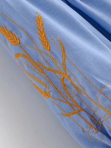 Retro Linen Cotton,Wheat Emberoidery, Lantern Sleeve Boho Maxi Dress