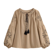 Load image into Gallery viewer, Bird Floral Embroidered ,Linen Cotton Blouse ,Lace-up Tassel Boho Shirt
