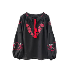 Load image into Gallery viewer, Wild Floral Embroidery ,Linen Cotton Shirts, Lace-up Tassel Boho Blusas
